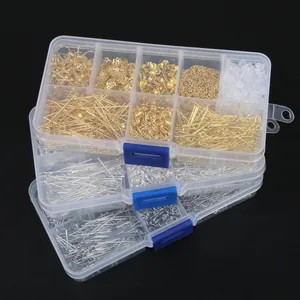 Detailed view of DIY jewelry making kit with silver and gold findings in a 10-grid storage box