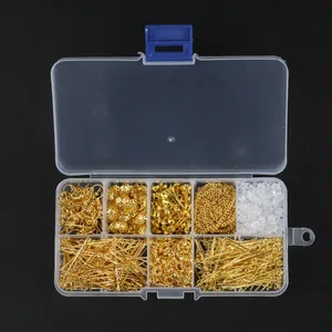 10-grid jewelry making kit with golden ear hooks and metal findings in a storage box