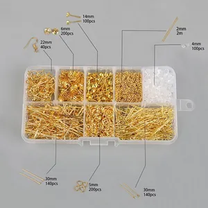 DIY jewelry making kit with 10-grid box including gold ear hooks, pins and jump rings