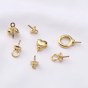 Polished 14K gold plated heart and flower pearl cap connectors for DIY jewelry making