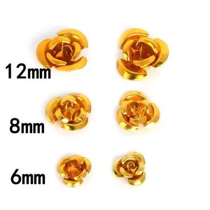 Detailed view of golden aluminum rose beads in three sizes: 12mm, 8mm, and 6mm diameters