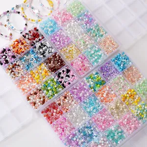 Detail view of colorful glass seed bead kit in transparent multi-grid storage organizers