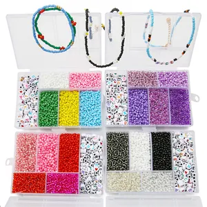 Macro shot of 4-pack DIY bead kits with letter beads and colorful seed bead variety