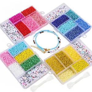 Macro view of 3mm seed beads kit with letter beads and elastic thread for DIY jewelry