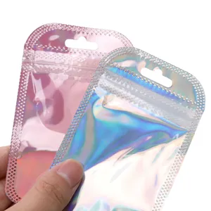 Holographic laser jewelry bags with resealable zippers and hanging holes for DIY accessories