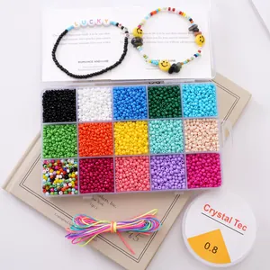 15-compartment DIY jewelry kit with 3mm glass seed beads and crystal elastic strings