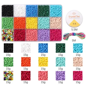 Kit de 15 compartiments avec perles en verre de 3mm et fils élastiques pour bijoux DIY