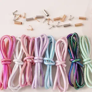 Macro view of 6mm multi-color metallic PU leather cords with gold and silver metal beads