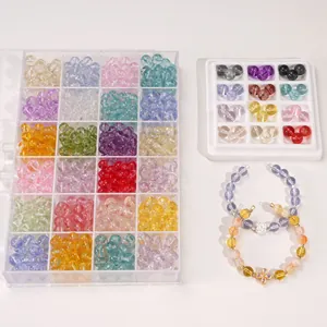 Detail of 24-grid box with colorful 8mm 10mm glass beads and flower charms for DIY jewelry