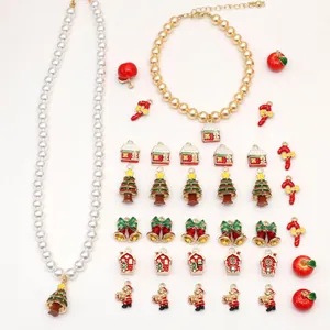 Christmas jewelry set with Santa charms, pearl necklace and bracelets for DIY crafting