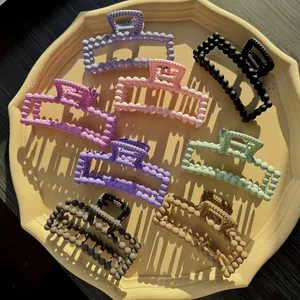 Frosted Macaron Beaded Rectangle Hollow Hair Claw Clip For Women Resin Plastic Hair Accessory Nonslip Hair Grip For Daily