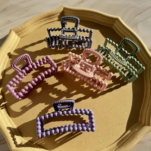5pcs set of matte macaron colored hair claws with pearl bead square hollow design