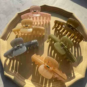 Five large keel hair claws in assorted jelly colors displayed on a display tray