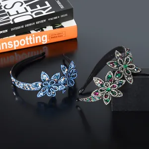 Sparkling crystal flower headband with rhinestones for women in blue and multicolor