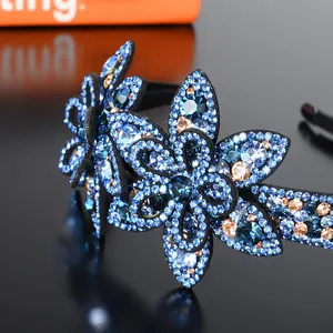 Sparkling crystal flower headband with blue rhinestones and non-slip teeth for women