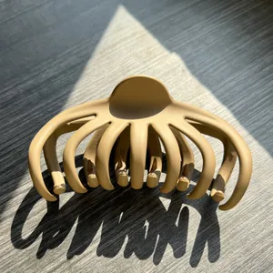 Macro detail of large matte khaki octopus hair claw clip with strong grip teeth