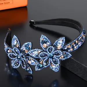 Exquisite blue crystal flower headband with non-slip teeth and sparkling rhinestones