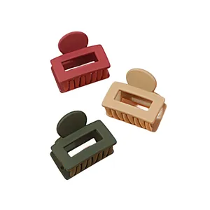 Three-piece set of matte mini rectangular hair claws in brown, beige, and dark green