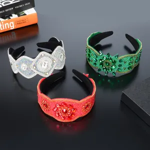 Set di tre cerchietti di lusso larghi con cristalli colorati e strass in stile boho