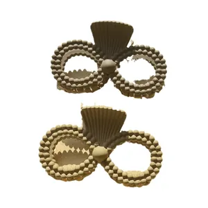 Minimalist matte plastic hair claw clips with double row beads in beige finish