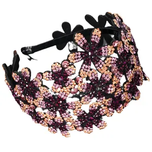 Serre-tête large rétro avec strass en cristal floral en violet rose et champagne