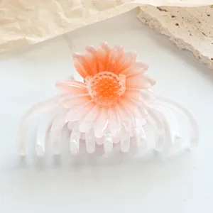 Nahaufnahme der durchsichtigen Haarklammer mit einer rosa-orangefarbenen Gänseblümchen-Blüte