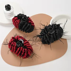 Large Satin Hair Claw Clip With Feather Decoration Elegant Pleated Bow-knot Pattern Shark Clip Hair Accessories For Women