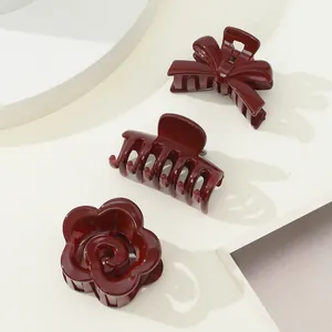 Women Wine Red Hair Claw Clips Set Butterfly Flower And Geometric Mini Resin Hairpins High Gloss Elegant Headwear Accessories