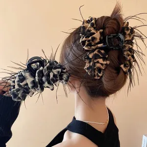 Large Leopard Print Hair Claw Clip With Feathers Fabric Wrapped Shark Clip For Women Elegant Vintage Hair Accessories