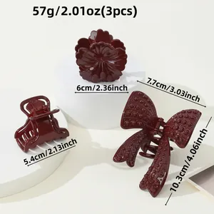 Set di 3 mollette per capelli bordeaux lucido con farfalle e fiori eleganti