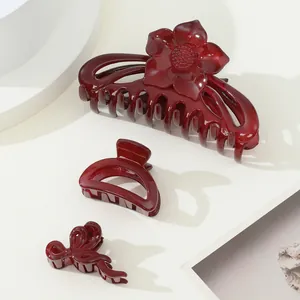 Pinces à Cheveux Crabe Élégantes Rouge Vin Motif Fleur et Nœud Pour Femmes Pinces à Cheveux Demi-Cercle en Résine Brillante Accessoires de Cheveux Style Coréen Minimaliste