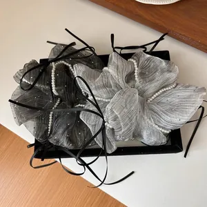 Elegant pleated gauze scrunchies with pearls, rhinestones and long ribbons set