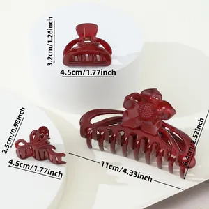 Ensemble de trois pinces à cheveux rouge foncé avec motifs floraux et nœuds variés
