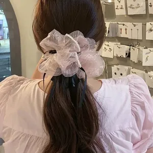 Pink sheer lace oversized scrunchie with white pearls and black ribbon bows for women