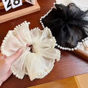 Elegant Organza Artificial Pearl Scrunchie Elastic Hair Tie Large Ponytail Hair Ring For Women Fashion Hair Accessories Daily Wear