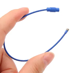 Blue coated steel wire keychain ring with screw lock for luggage tags and keys