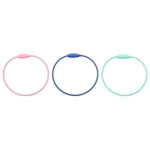 Colorful painted steel wire keychains in pink, blue, and mint green with screw connectors