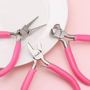 Three-piece pink jewelry making tool set with round nose and diagonal cutting pliers