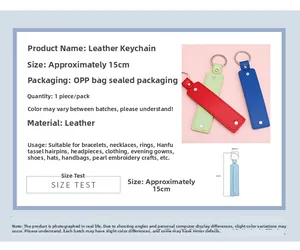 Detail view of colorful leather keychains showing 15cm length and 30mm width measurements