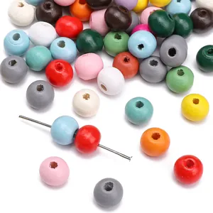 Colorful 8-10mm round painted wooden beads for DIY jewelry and bracelet making crafts