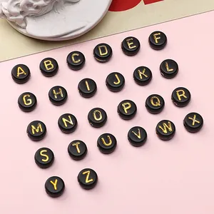 Acryl Alphabet Perlen Schwarze Basis Goldene Buchstaben Flache Runde Perlen Für DIY Schmuckherstellung Armband Halskette Schmuck