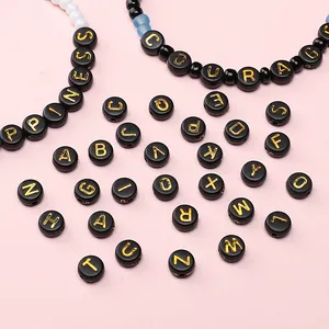Schwarze Acryl-Buchstabenperlen 4x7mm mit Golddruck für DIY Armbänder und Halsketten