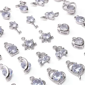 Silver-plated zircon charms set with heart, key, and star designs for DIY jewelry