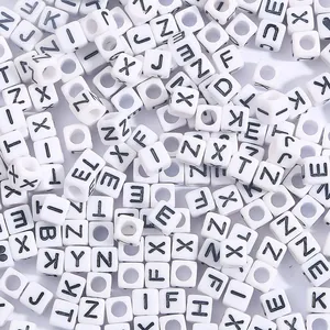 Acrylic Alphabet Letter Beads Square White 6mm Black Printed A-Z Heart Patterns DIY Jewelry Making Bracelet Accessories
