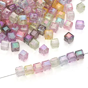 8mm iridescent acrylic cube beads with rainbow AB coating for DIY jewelry making