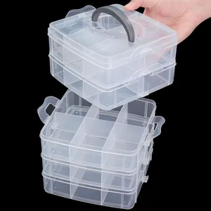Stackable clear plastic storage box with four tiers and handle for jewelry and small parts