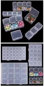 Detail view of transparent PP storage boxes in various grid sizes with secure buckle lids