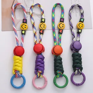 Colorful woven paracord keychain set with smiley beads and plastic spring rings
