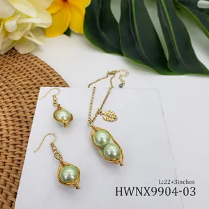 Vue détaillée de l'ensemble collier 22+3 pouces et boucles d'oreilles en perles vertes