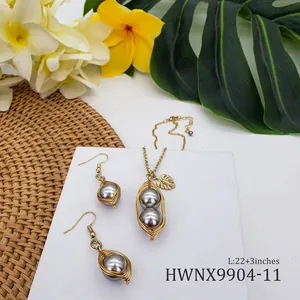 Parure bijoux avec perles grises enveloppées de fil et breloque feuille, chaîne 22+3 pouces
